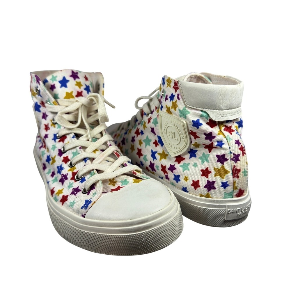 Saint Laurent Paris High Top Canvas Sneakers Star Print White Multi Womens 11